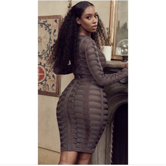 House Of CB Lola Woven Pattern Bodycon Dress Charcoal Brown Small NWT - Picture 2 of 9